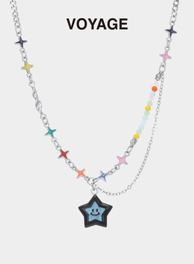 蓝色星星笑脸吊坠项链女轻奢小众锁骨毛衣链多巴胺串珠高级感配饰