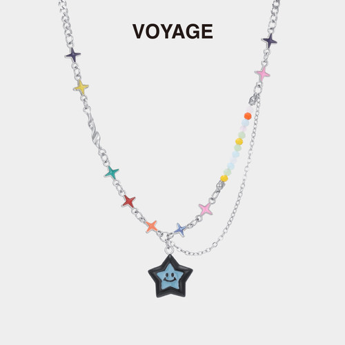 VOYAGE蓝色星星笑脸吊坠项链