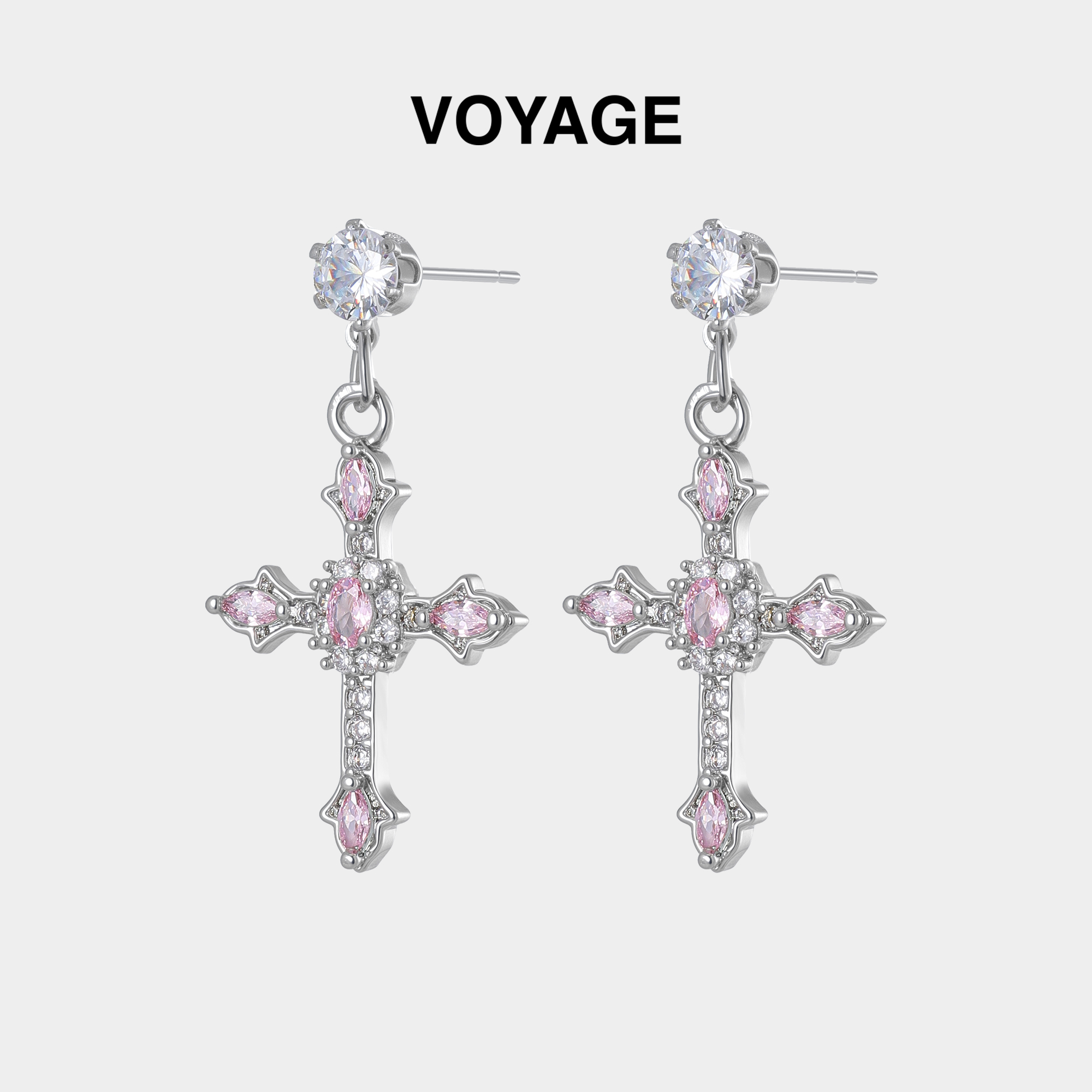 粉色十字架耳钉女款钛钢耳坠耳环