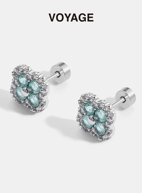 四叶草花朵锆石耳钉女养耳洞睡觉免摘钛钢耳骨钉耳环小众独特耳饰