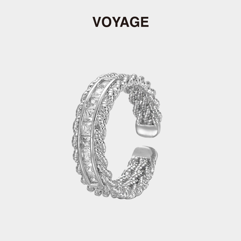 VOYAGE麻花镶钻戒指可调节小众