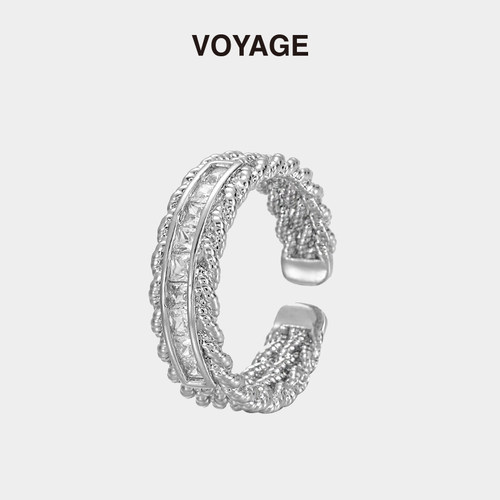 VOYAGE麻花镶钻戒指可调节小众