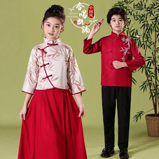 儿童朗诵合唱演出服中小学生演讲女童红色歌唱祖国主持礼服中国风