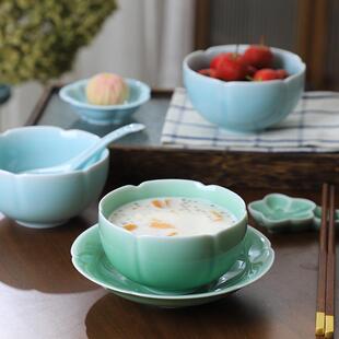 宋式美学餐具龙泉青瓷米饭碗仿宋中式陶瓷碗家用高档餐具葵口宋式