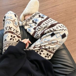 超好穿！复古费尔岛毛毛裤睡裤可外穿遛弯裤冬季加绒加厚家居长裤