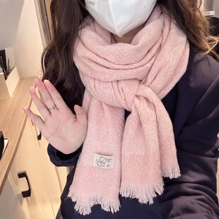 颈配大衣韩版粉色格子围巾女秋冬季小熊围脖加厚保暖氛围感披肩护