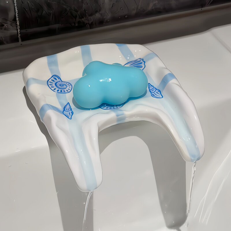 海盐贝壳海星肥皂碟陶瓷沥水碟家用卫浴肥皂收纳手捏褶皱格纹皂盒
