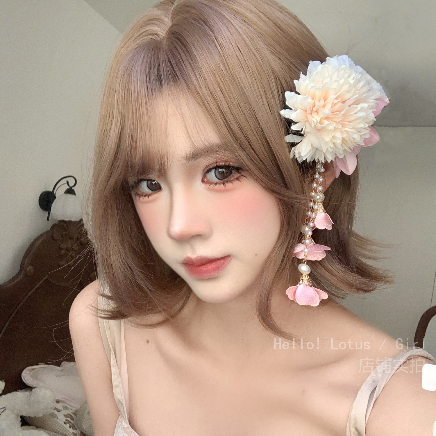 温柔风粉色花朵流苏发夹女