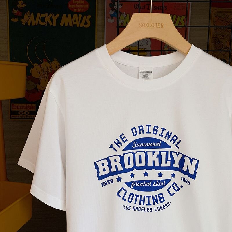 正肩纯棉短袖t恤女夏季薄款圆领内搭宽松白色上衣英文字母-YAM007