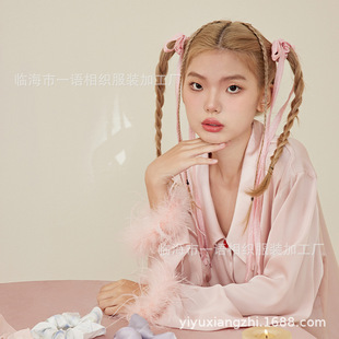 余眠 春季新款方领羽毛仿真丝睡衣女 仙女风翻领薄款女士家居服