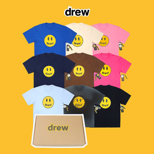 现货drew比伯同款 纯棉休闲潮牌宽松短t恤情侣男女潮 笑脸印花短袖