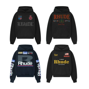 现货25SS Rhude小众潮牌重磅洗水复古印花连帽卫衣宽松休闲帽衫男