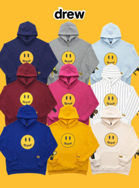 现货drew比伯同款笑脸印花连帽卫衣纯棉休闲宽松帽衫男女情侣潮