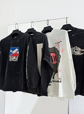 现货Saint Michael美式复古水洗做旧做旧圆领长袖高街宽松打底衫