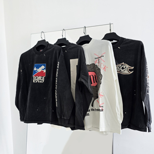 现货Saint Michael美式复古水洗做旧做旧圆领长袖高街宽松打底衫