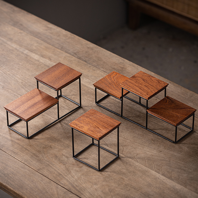 实木铁艺小号博古架子迷你桌面置物架茶壶摆件底座工艺品方格子台