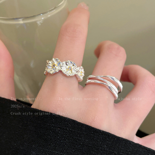 指尖跳动~韩系银色叠戴戒指女生小众设计食指戒学生党巨好看指环