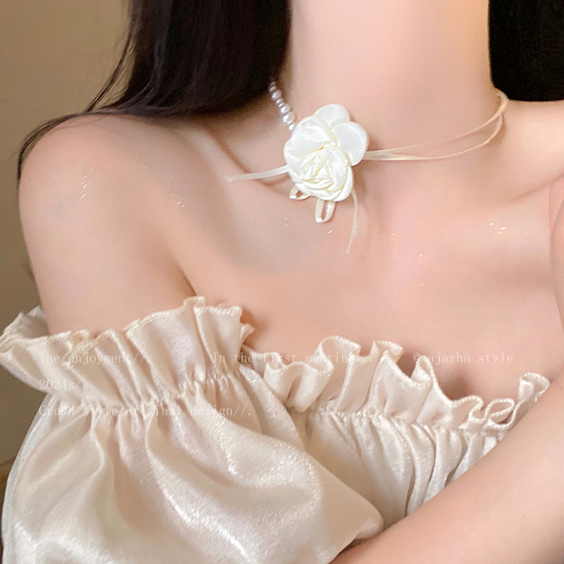 纯欲山茶花珍珠颈链女生choker超仙轻奢高级感配饰配裙子百搭项链