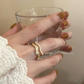 金色珍珠波浪戒指女款 轻奢高级感叠戴食指戒小众设计精致开口指环