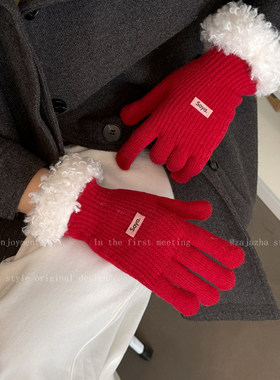 新年红色针织手套女款冬季加厚韩系可爱护腕毛圈保暖防冻分指手套