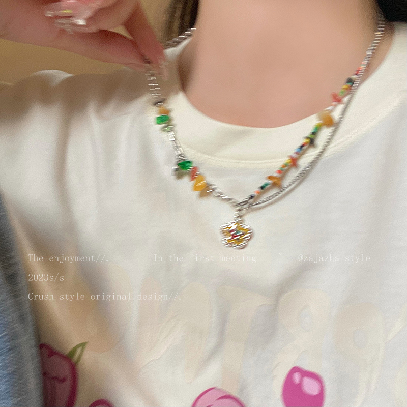童趣彩色串珠花朵笑脸项链女春夏轻奢甜美2025新款爆款卫衣链配饰