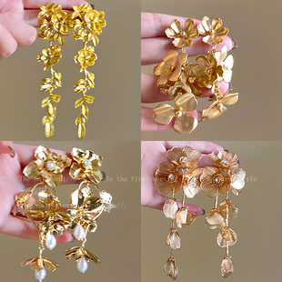 金色花朵珍珠流苏耳坠女款气质轻奢高级感耳环欧美夸张显脸小耳饰