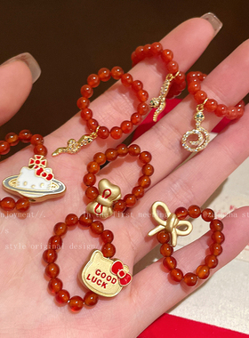 红玛瑙串珠蝴蝶结猫咪戒指女款2025新年本命年食指戒灵蛇偏财指环