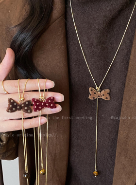 红色波点蝴蝶结抽拉项链女秋冬