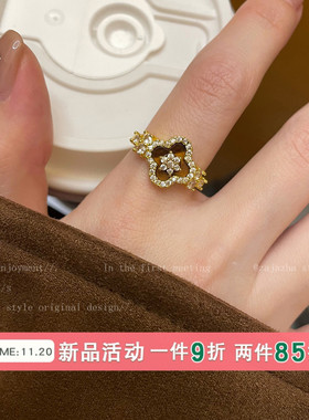 金色虎眼石花朵戒指女
