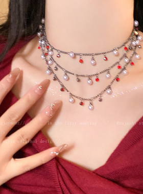 红色多层锆石珍珠项链女轻奢