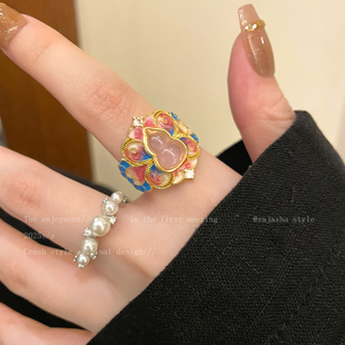 新中式彩绘葫芦珍珠戒指女复古高级感小众夸张食指戒学生叠戴指环