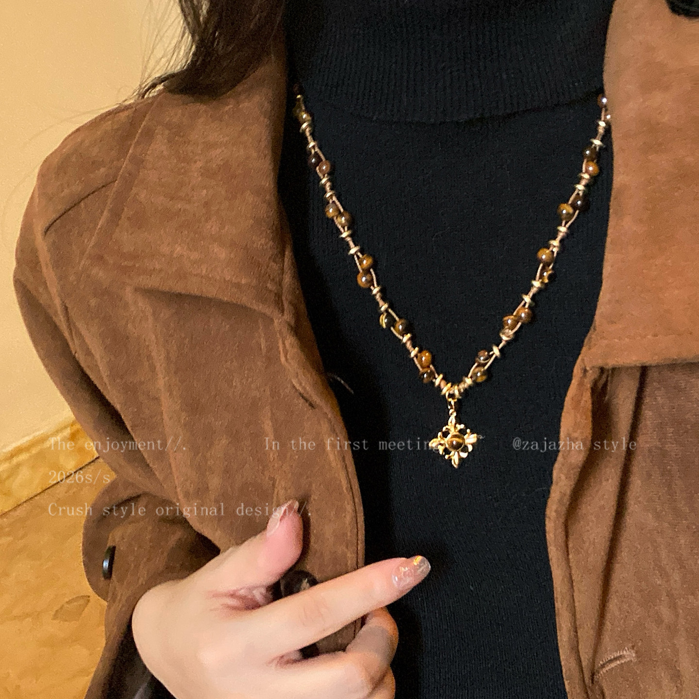 金棱虎曜~复古虎眼石菱形吊坠项链女美拉德高级感毛衣链长款配饰