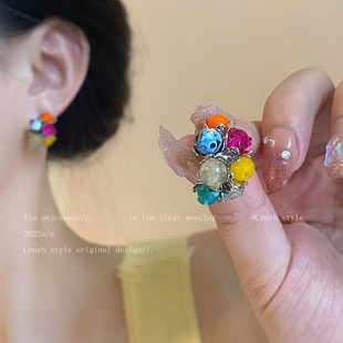 花团锦簇彩色多巴胺耳钉女复古小众气质辣妹百搭耳环时尚个性耳饰