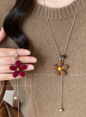 红色丝绒花朵珍珠项链女款