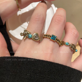 绿松石爱心鸢尾花复古戒指女款 中古小众轻奢高级感食指戒叠戴指环