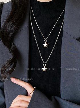 银色长款星星吊坠项链女款
