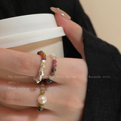 碧玺珍珠串珠戒指女小众设计轻奢高级感食指戒中古叠戴巨好看指环