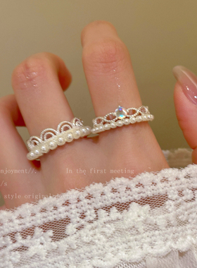 法式珍珠蕾丝开口戒指女