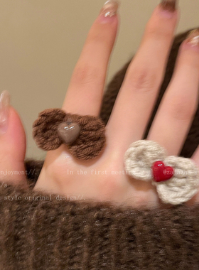 红色蝴蝶结毛线开口戒指女秋冬