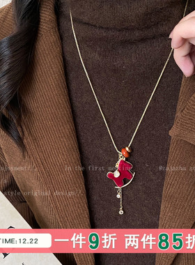 红色丝绒小马项链新年本命年秋冬