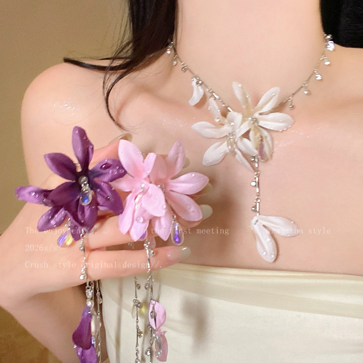 栀子香氛~花朵流苏项链女2026新款度假风锁骨链高级感气质配饰品