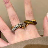 金色虎眼石戒指女小众设计中古叠戴食指戒轻奢高级感巨好看 指环