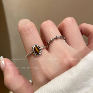 虎眼石花朵叠戴开口戒指女款高级感中古巨好看食指戒小众设计指环