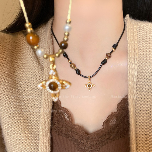 复古美拉德虎眼石芒星项链女