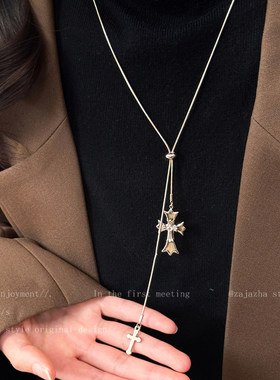 复古银色十字架项链女秋冬