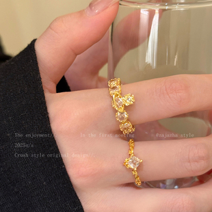 闪耀金色锆石土星戒指女款轻奢高级感时尚食指戒小众开口叠戴指环