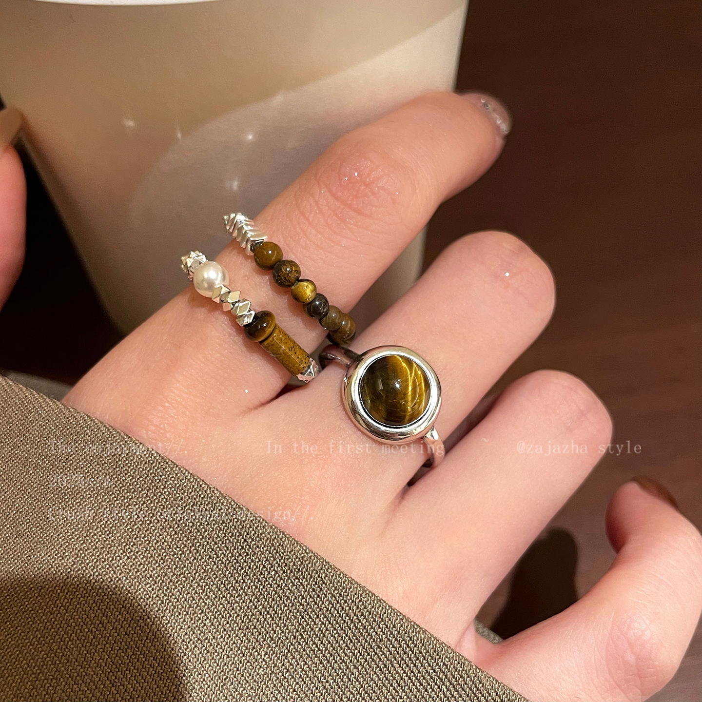 银色复古虎眼石开口戒指女秋冬