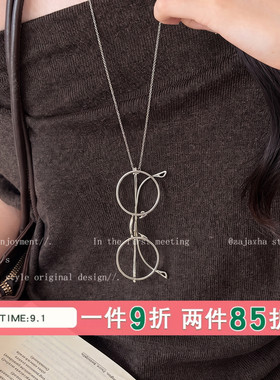 ins风时尚银色眼镜吊坠项链女