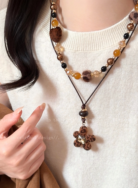 虎眼石豹纹爱心项链女