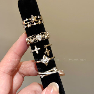 Vintage中古鸢尾花十字架戒指女超闪轻奢高级食指戒时尚叠戴指环